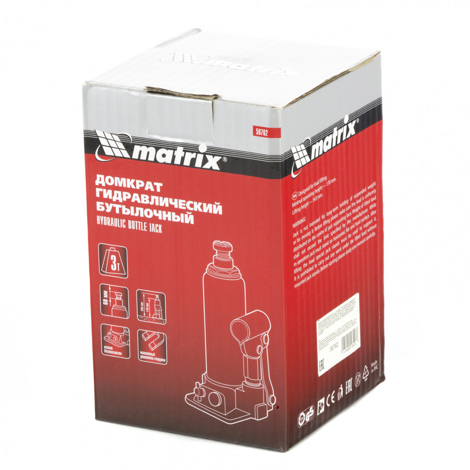 Домкрат гидравлический бутылочный, 3 т, h подъема 178-343 мм Matrix (50762)