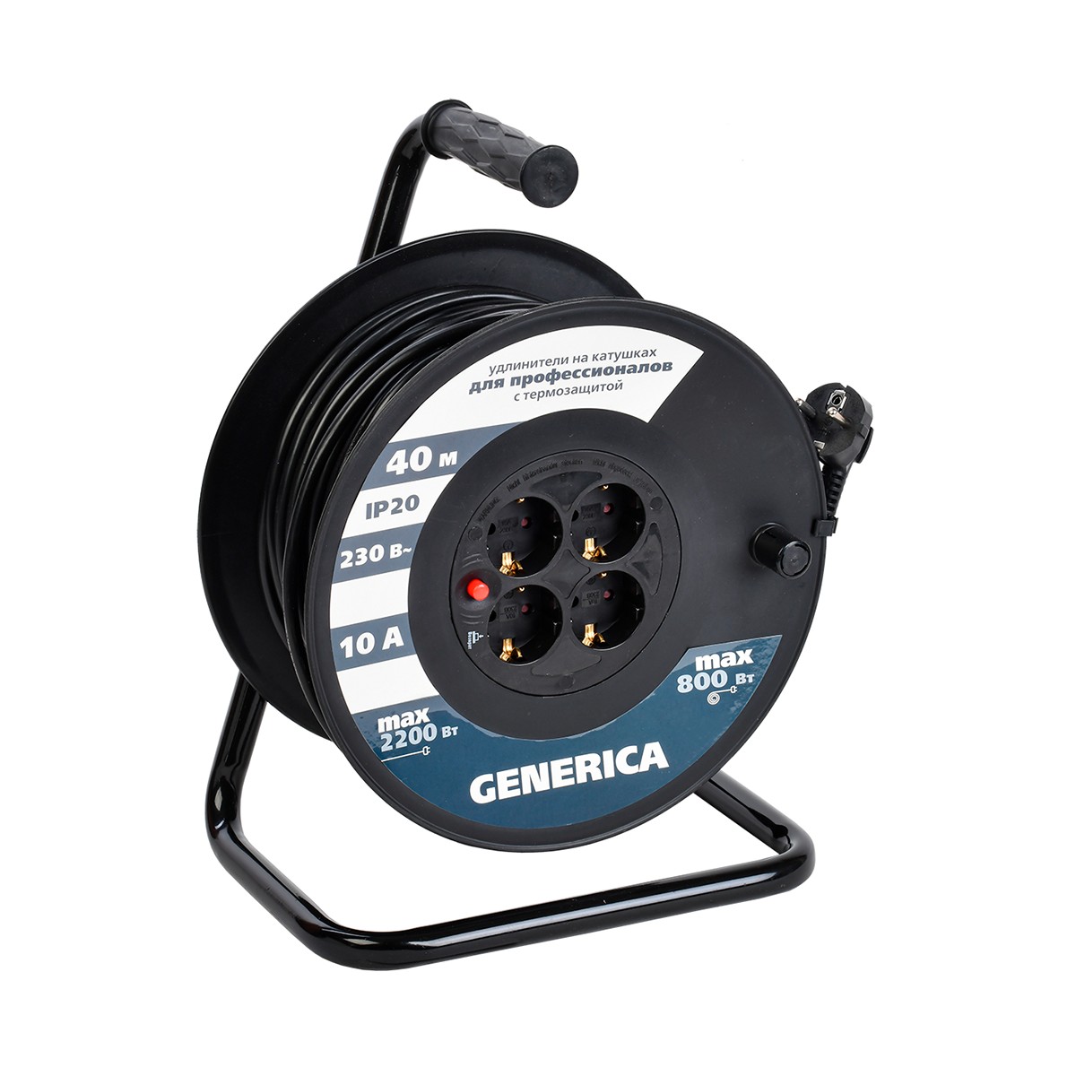 Удлинитель на катушке с термозащ. 4 розетки, 40 м 3*1 мм (1) "generica"