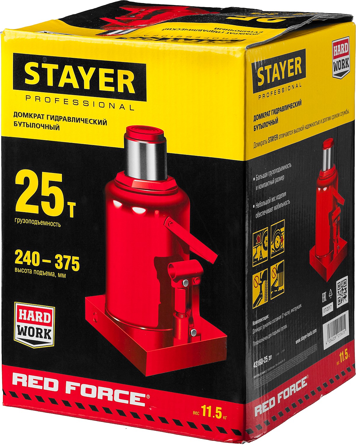 STAYER RED FORCE, 25 т, 240 - 375 мм, бутылочный гидравлический домкрат, Professional (43160-25)