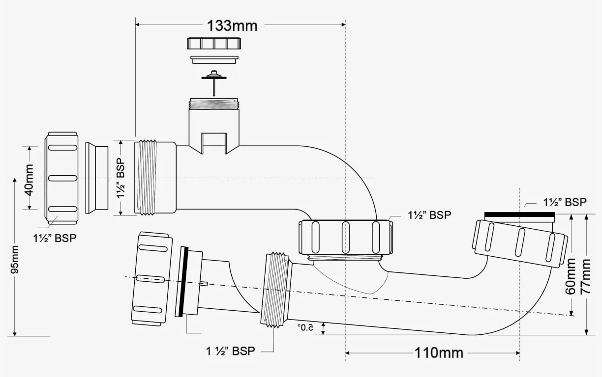 Сифон McAlpine трубный Р-образный 1 1/2" х 40 мм без вып. с ревизией и вент. клапаном, H=75 мм, выхо