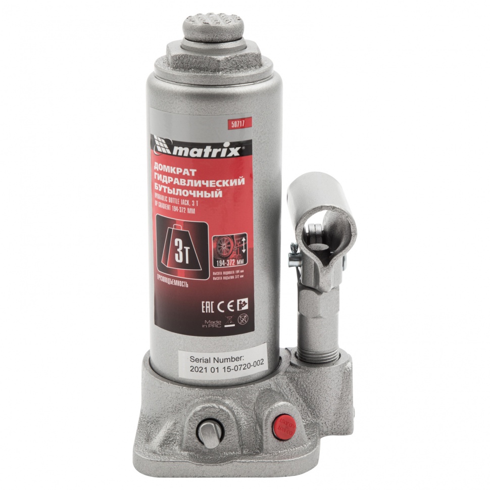 Домкрат гидравлический бутылочный, 3 т, высота подъема 194-372 мм Matrix (50717)