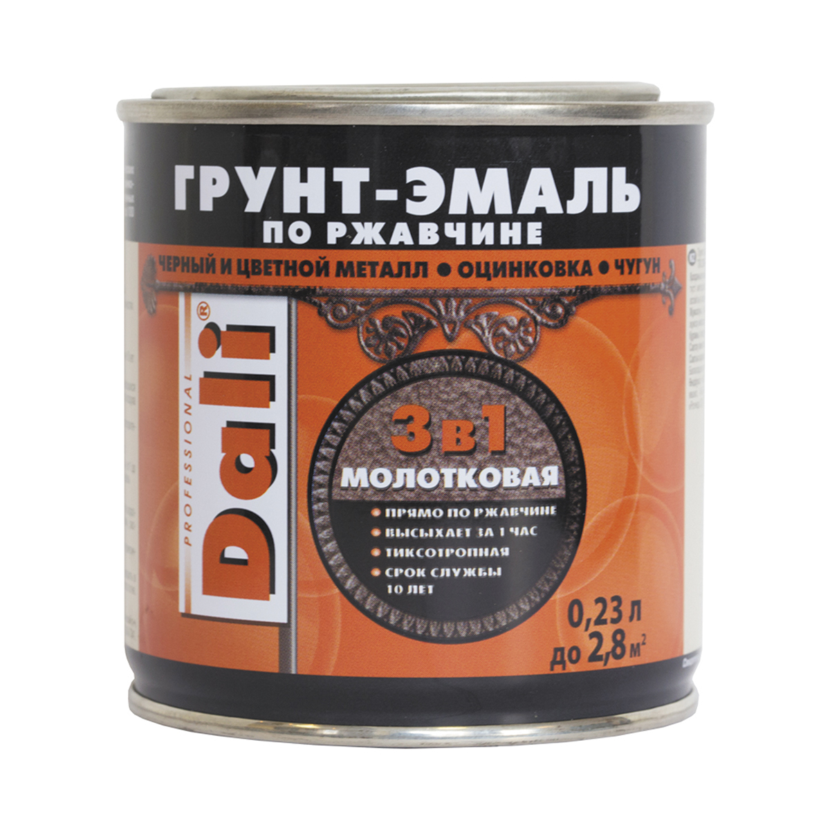 Грунт- эмаль по ржавчине "dali" 3 в 1 молотковая зеленая  0,23 л (6) "рогнеда"