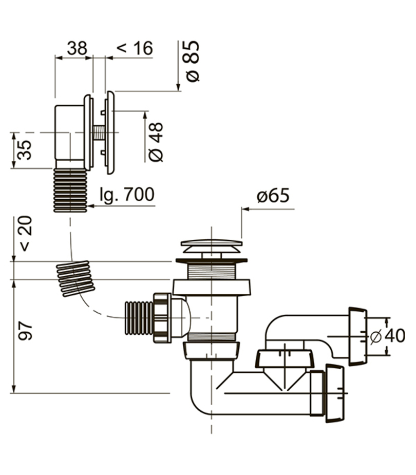 Слив-перелив для ванны, с внешним тросиком L700 мм и регулируемым сифоном WIRQUIN