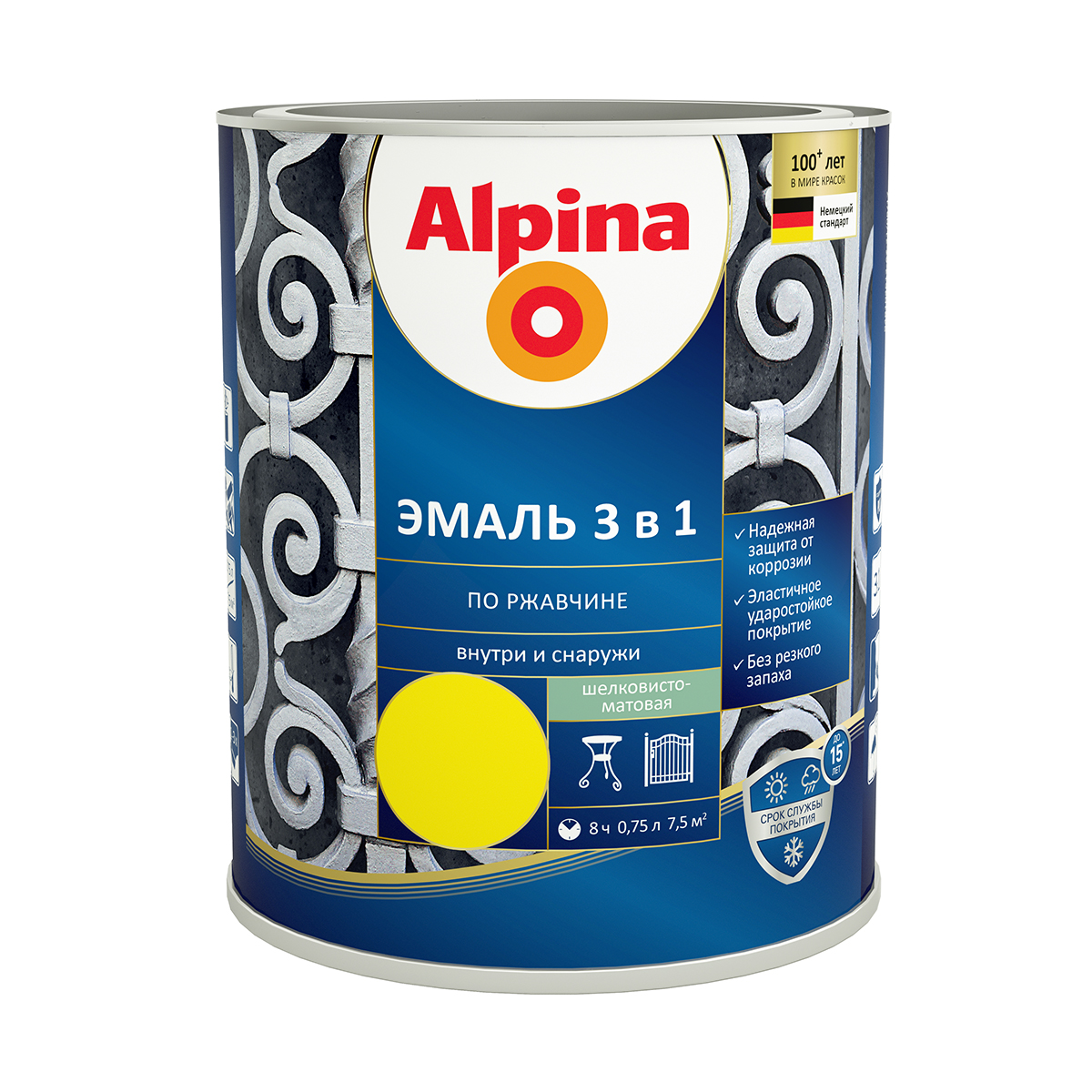 Грунт- эмаль по ржавчине 3 в 1 желтая (ral 1021) 0,75 л (1/6) "alpina"
