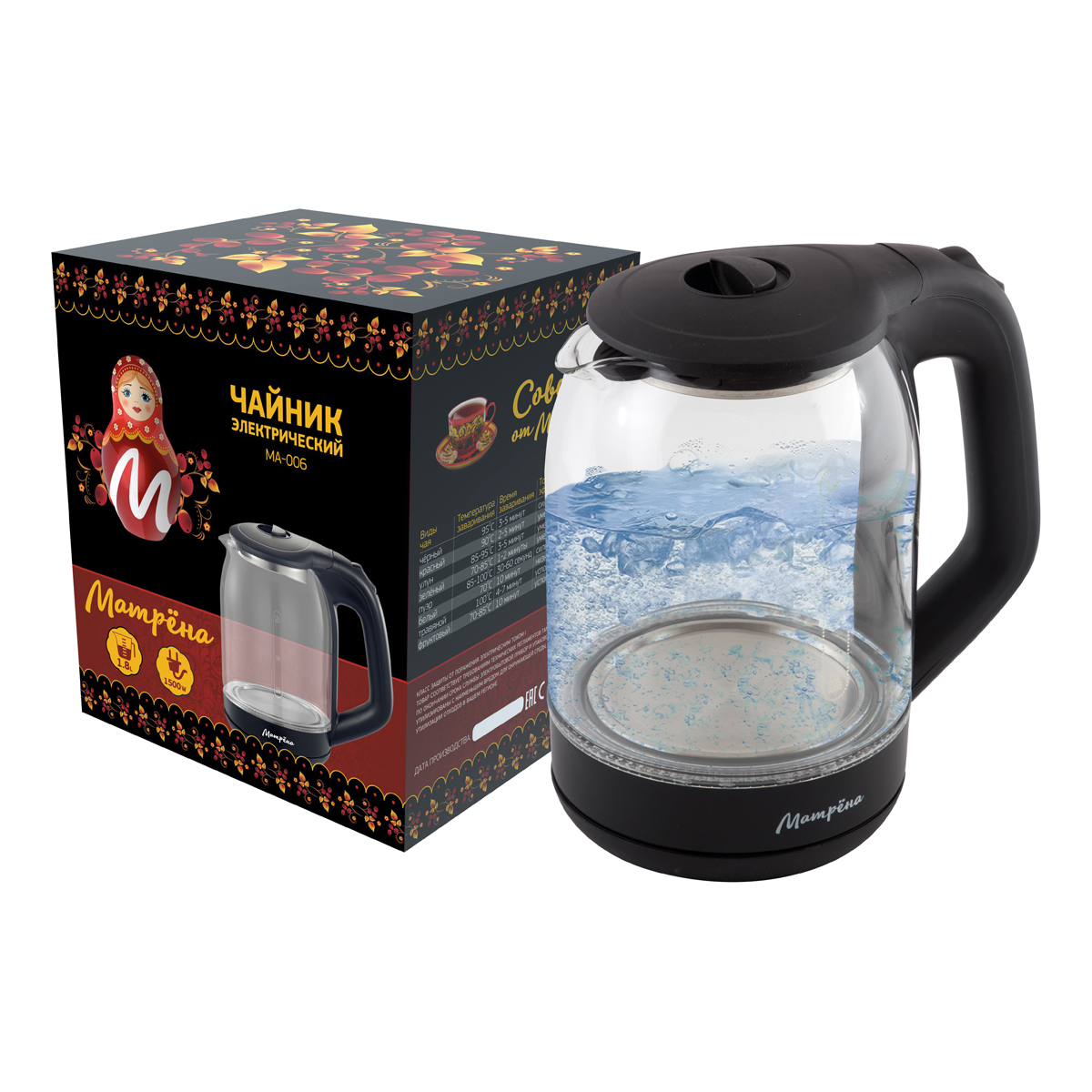 Чайник электр. "матрёна" ma-006 1,8 л (1/12) стекло, пластик (черный)