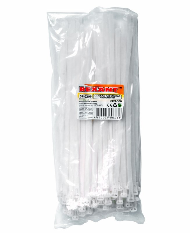 Хомуты нейлон многоразовые 7,5 х 300 мм (набор 100 шт.) белые (1/10/50) "rexant" 07-0309