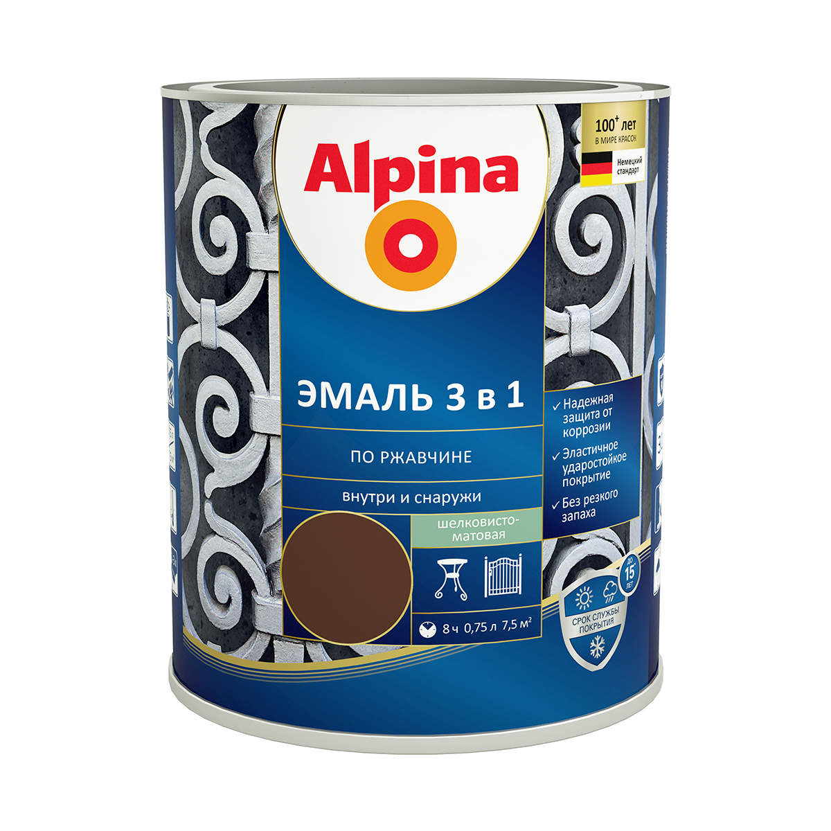 Грунт- эмаль по ржавчине 3 в 1 шоколадная (ral 8017) 0,75 л (1/6) "alpina"
