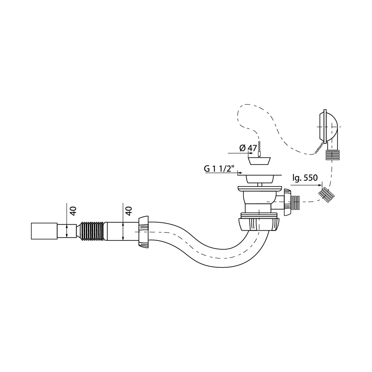 Сифон для ванн 1 1/2" х 40 мм с переливом и гофротрубой 550 мм 40х40/50 мм (1/30) "wirquin"