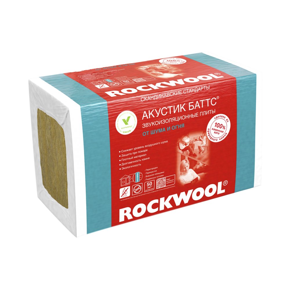 Каменная вата Rockwool Акустик Баттс, 1000 x 600 x 100 мм, 5 плит