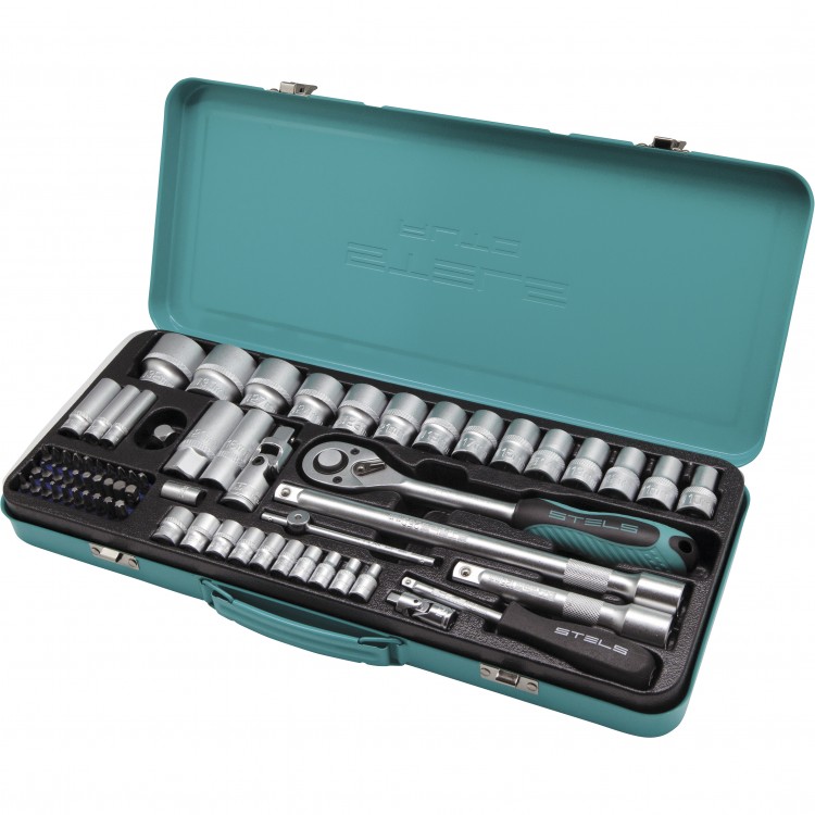 Набор торцевых головок с трещоткой, 1/2 и 1/4, 69 предметов Stels (13576)