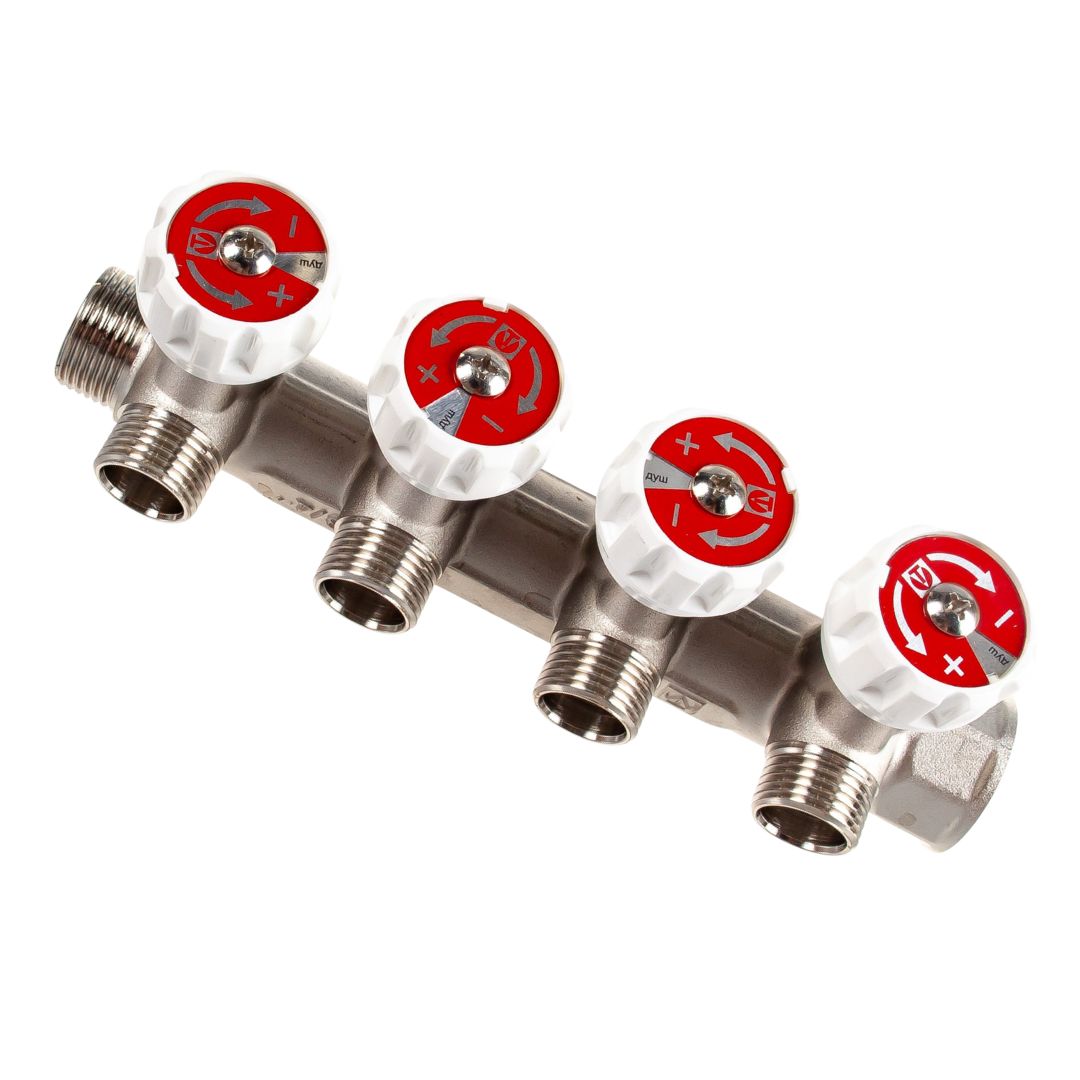 Коллектор ВН 1" VALTEC с вентилями на 4 выхода 3/4" ЕК