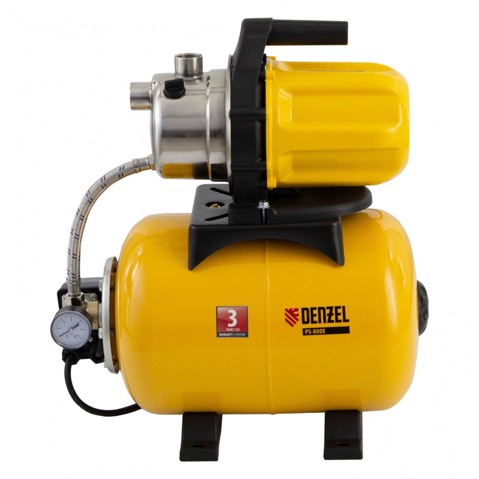 Насосная станция PS800X, 800 Вт, 3200 л/ч, ресивер 24 л, подъем 38 м, нержавейка Denzel (97210)