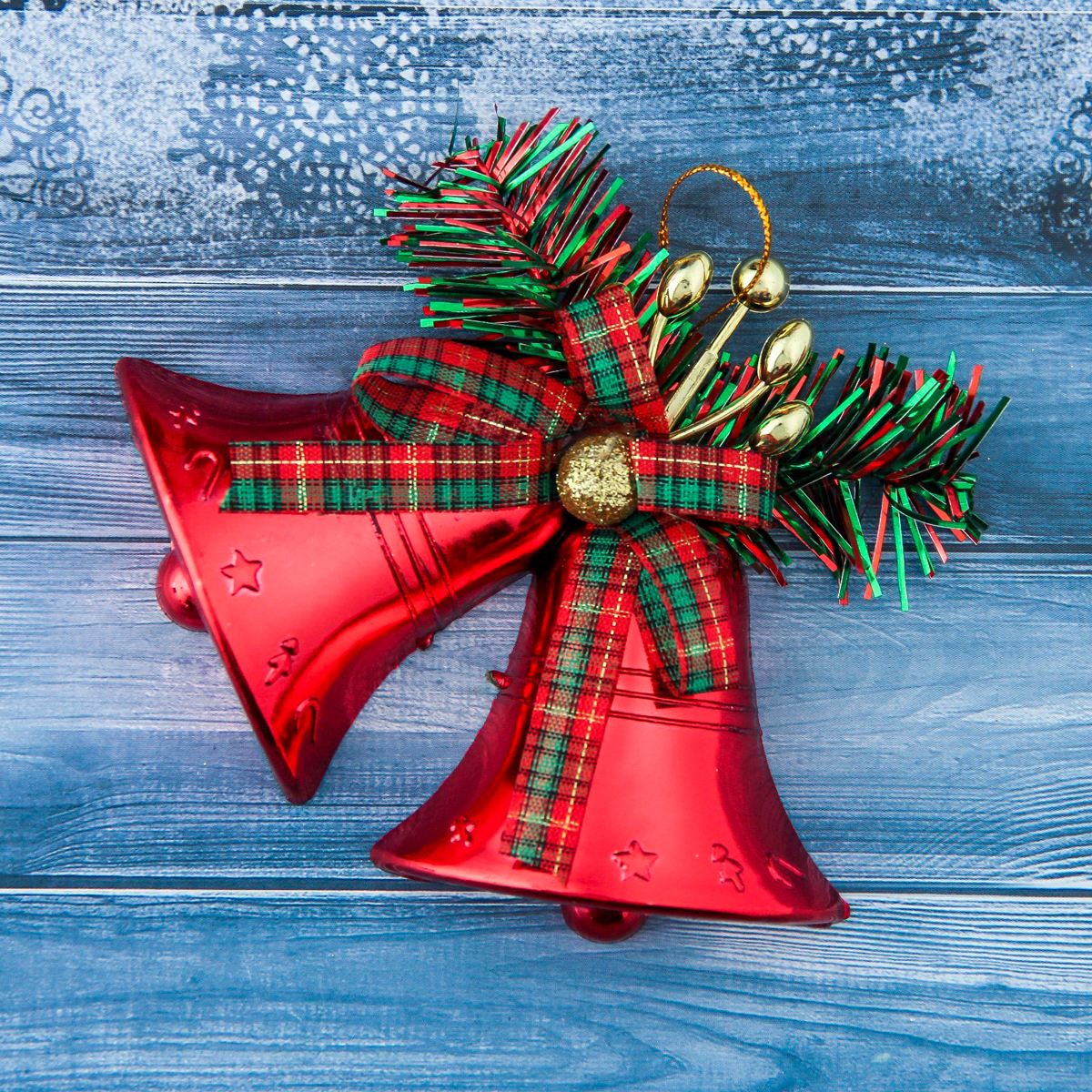 Украшение новогоднее "колокольчик двойной с бантиком в клетку" 13*10 см, красный 3557009