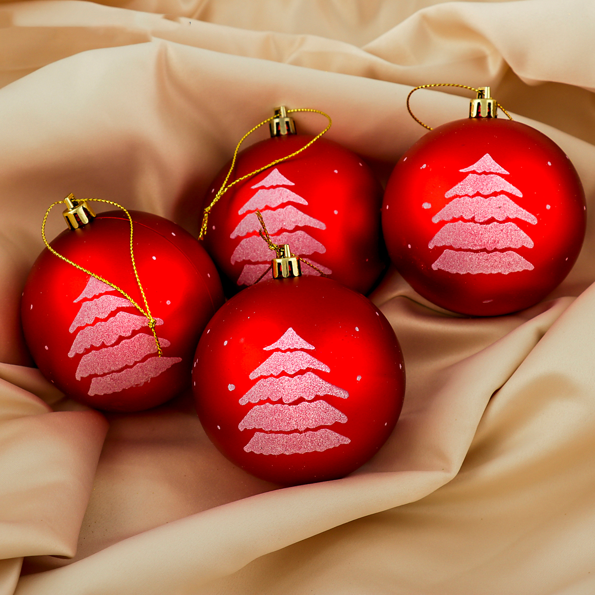 Шары новогодние d-8 см (набор 4 шт.) "елочка" красный  "зимнее волшебство" 3276585