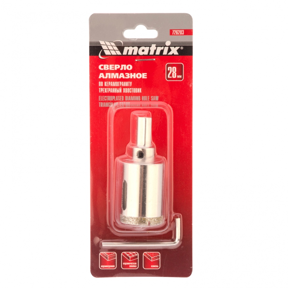 Сверло алмазное по керамограниту, 28 х 67 мм, трехгранный хвостовик Matrix (726283)
