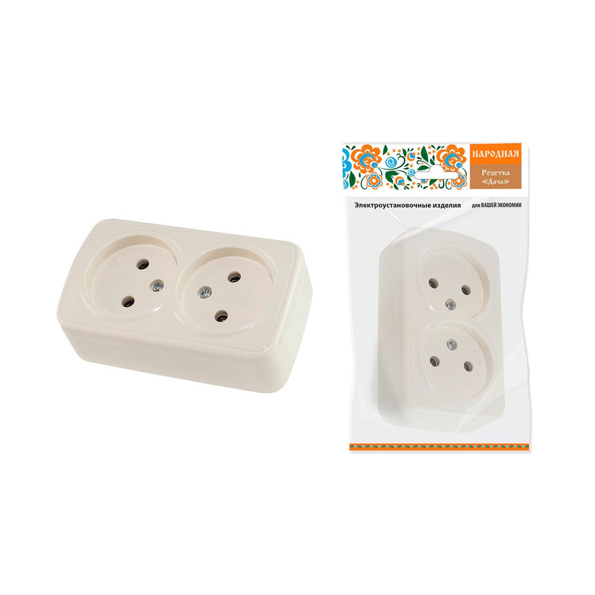 Розетка двойная открыт. уст. 10а 250в ip20  "дача" слон. кость (1/10/100) народная sq1824-0022