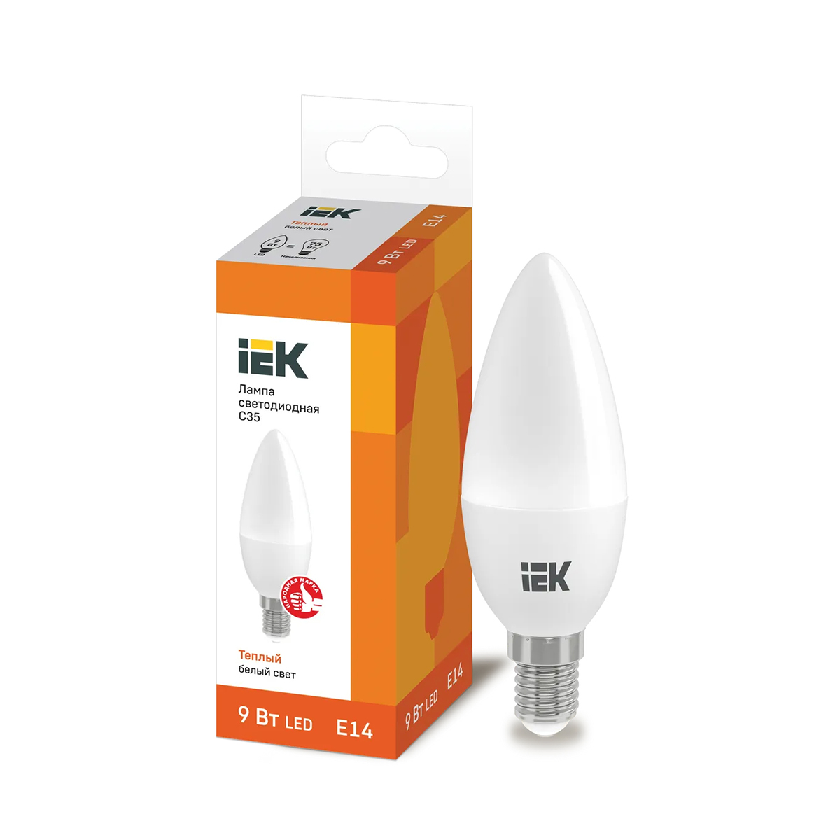 Лампа светодиодная (led) "iek" c35 свеча 09w 3000 к e14, тепл. свет (10/100)