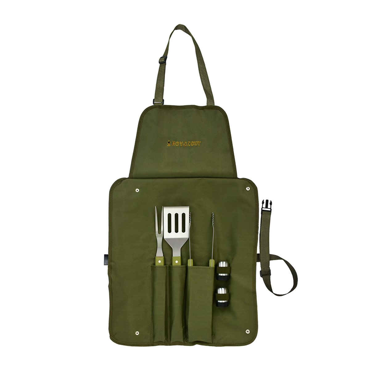 Набор для барбекю (сумка-фартук, вилка, лопатка, щипцы, солонка, перечница) (1/4) "boyscout" 61320