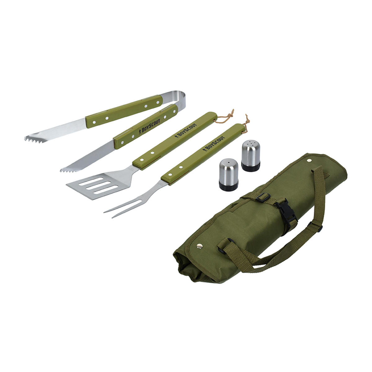 Набор для барбекю (сумка-фартук, вилка, лопатка, щипцы, солонка, перечница) (1/4) "boyscout" 61320