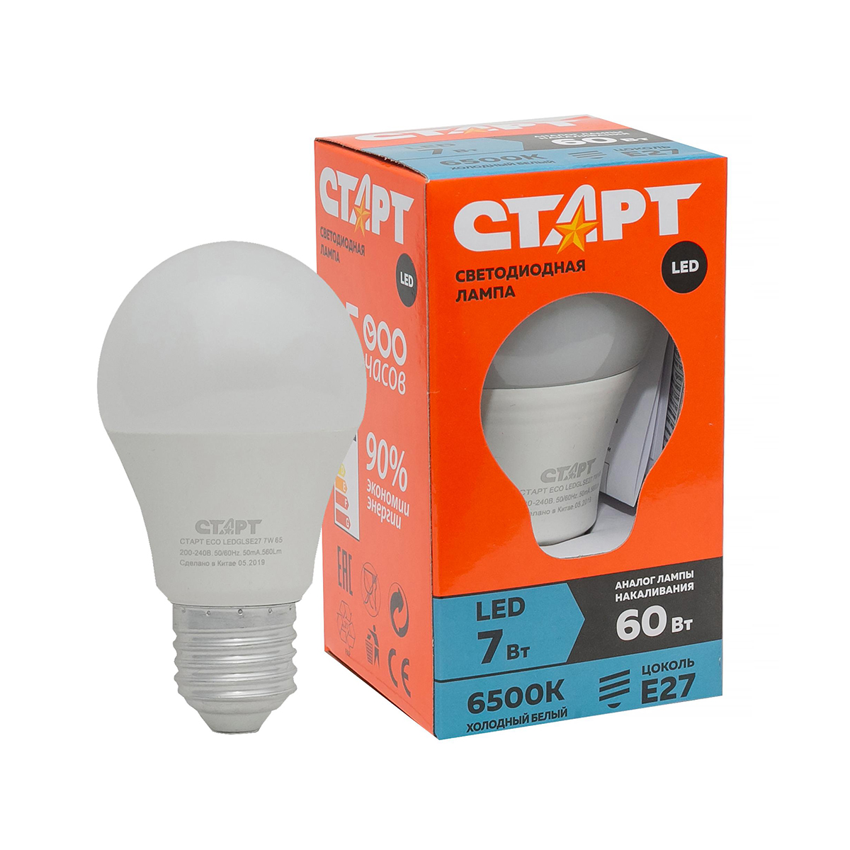 Лампа светодиодная "старт эко" груша 7w 6500 к  e27, белый  хол. свет (10/100)
