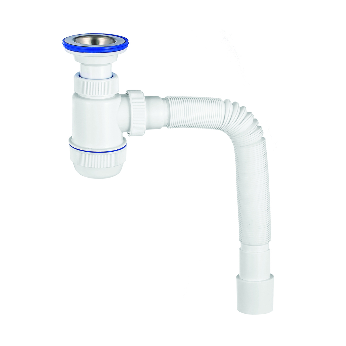 Сифон "элит мини" с нерж. чашкой 63 мм с литым выпуском и гофротрубой 800 мм (1/40) "вирпласт"