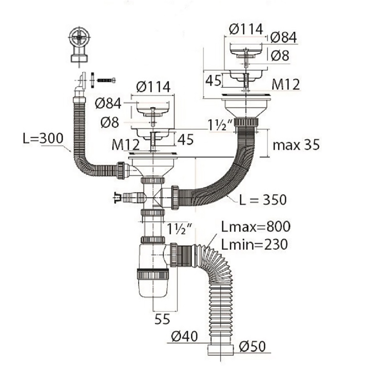 Сифон "элит" для 2-й мойки с нерж. чашкой 114 мм отвод, кругл. перелив, гофротруба (1/15) "вирпласт"