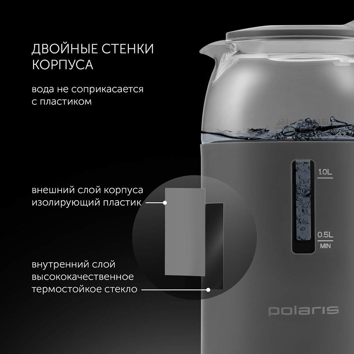 Чайник электр. pwk 1545cgl "water way pro" 1,5 л стекло (черный) (1/4) "polaris"