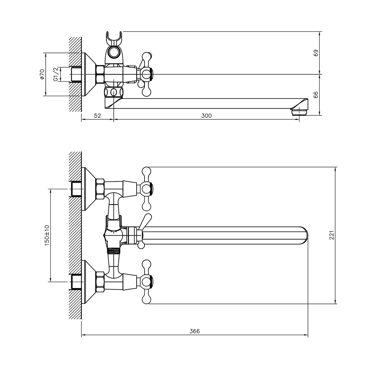 Смеситель для ванн dr53043 двухвентильный, поворотн. излив 300 мм (1/12) "decoroom"