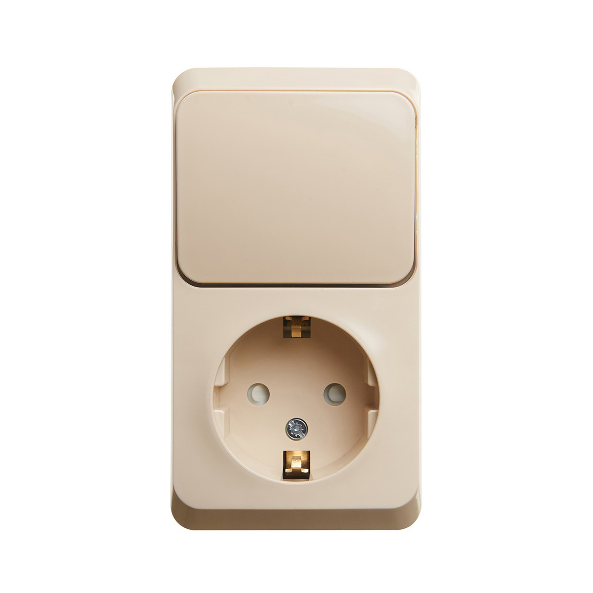 Блок комб. откр. уст. "этюд" 1 кл. выкл. + розетка с заземл. и шторк., крем. (1/10/80) "schneider"