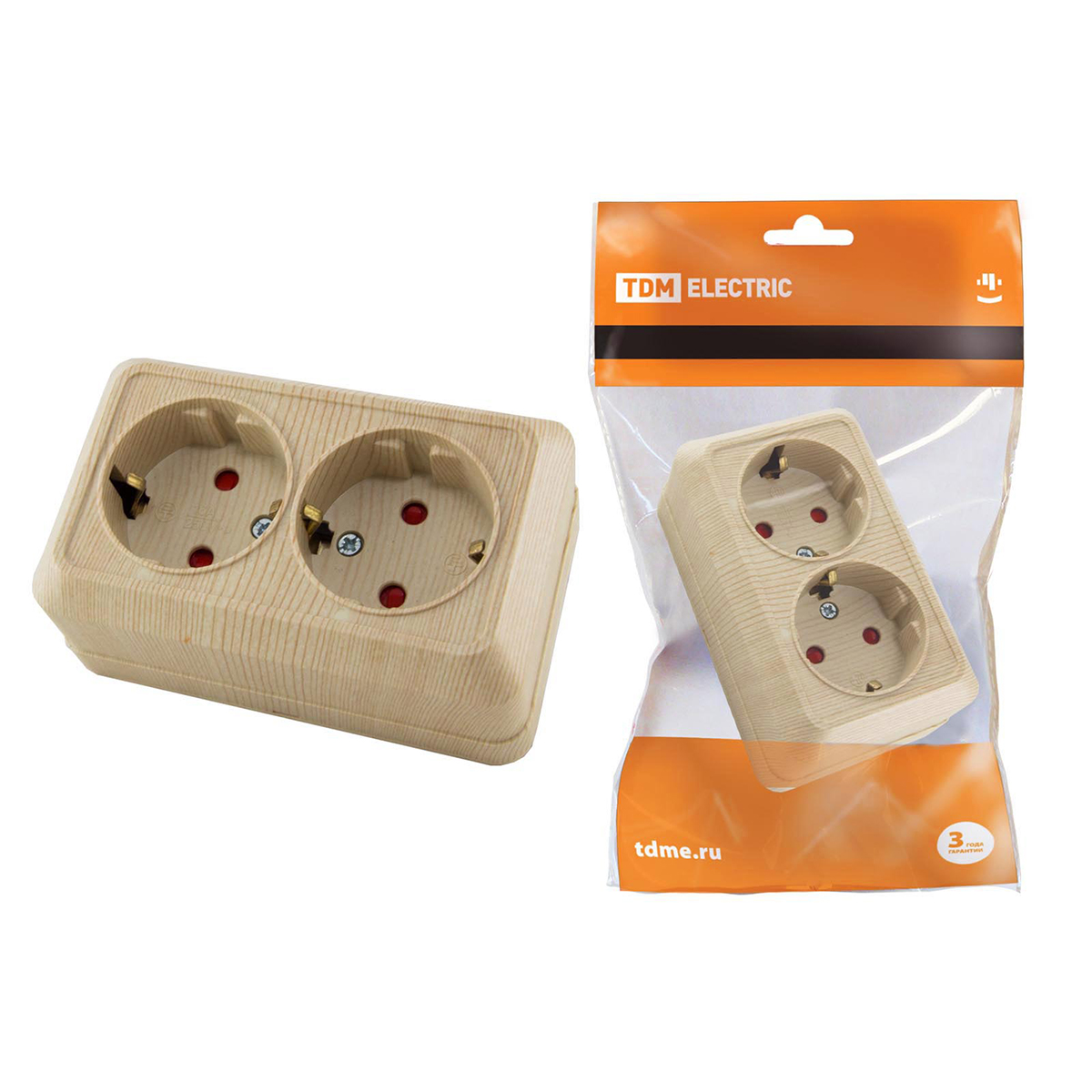 Розетка двойная с заземл. откр. уст. 16а 250в ip20 защ. шт."ладога" сосна (1/10/200) tdm sq1801-0056