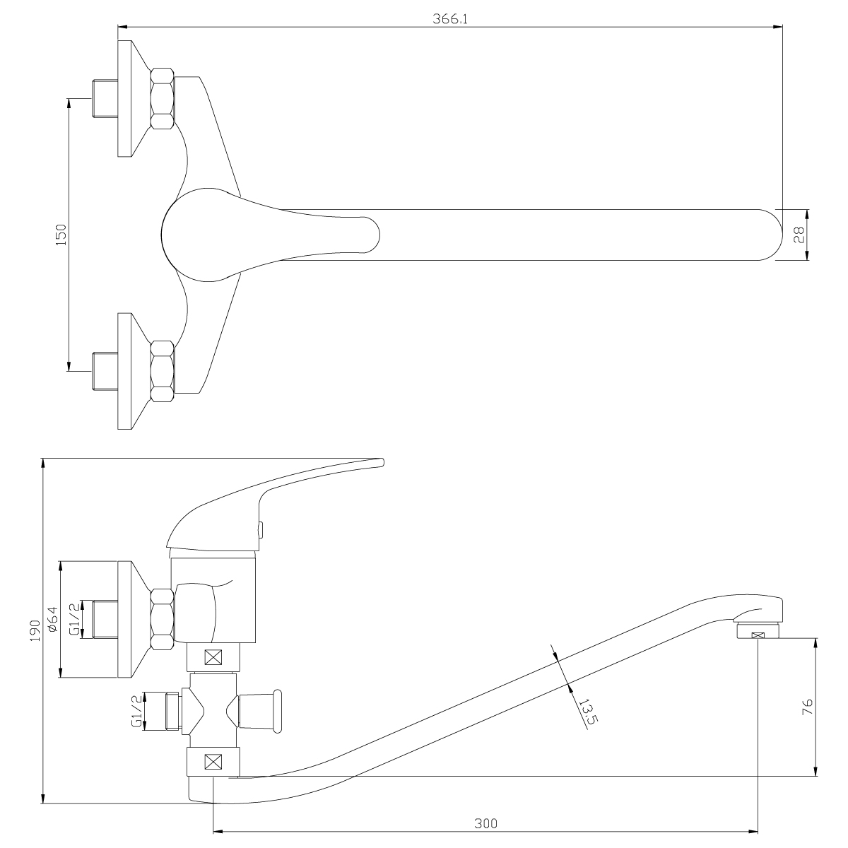 Смеситель для ванн  y40-35  s-образн. плоский излив (1/12) "rossinka"