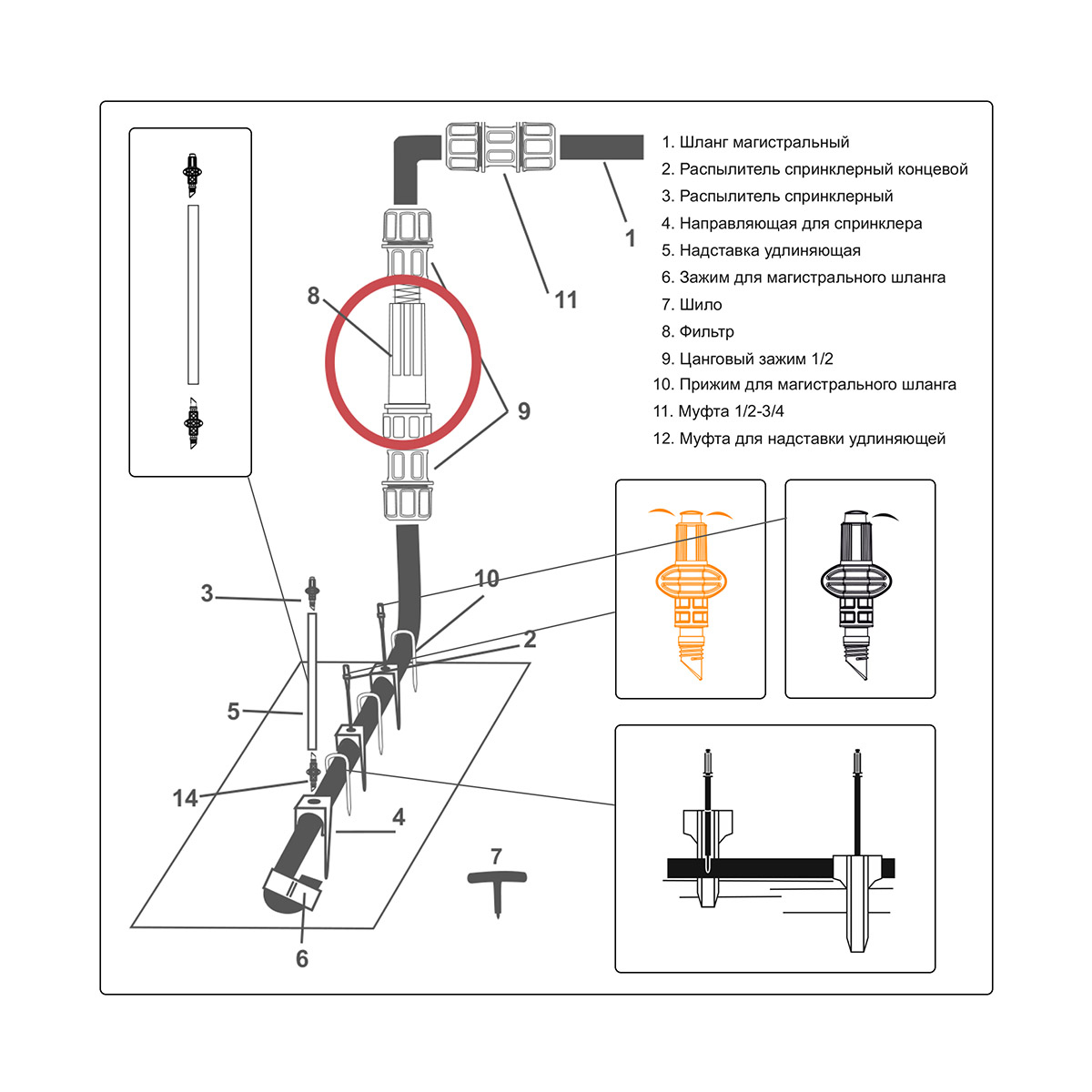 Комплект для дождевого полива "жук" от водопровода для 1 грядки (1/2)