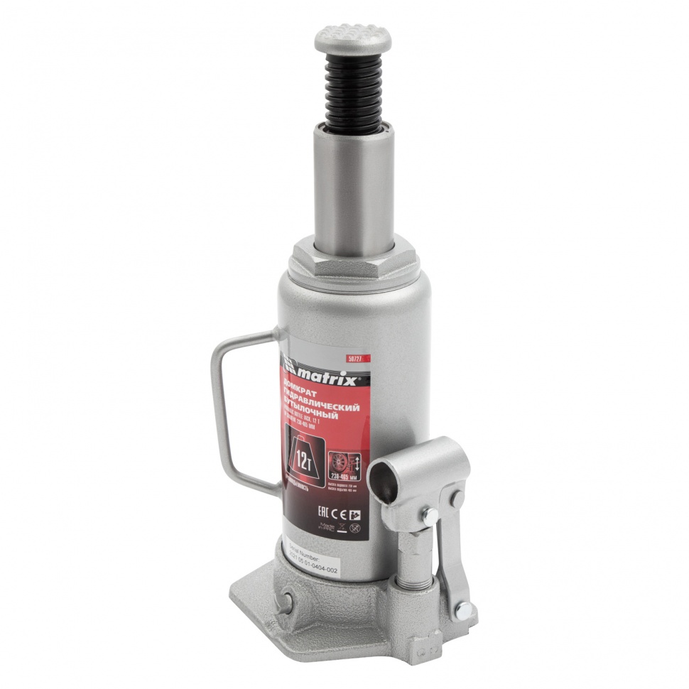 Домкрат гидравлический бутылочный, 12 т, высота подъема 230-465 мм Matrix (50727)
