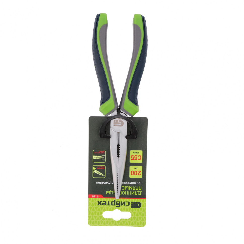 Длинногубцы прямые, 200 мм, трехкомпонентные рукоятки Сибртех (17115)