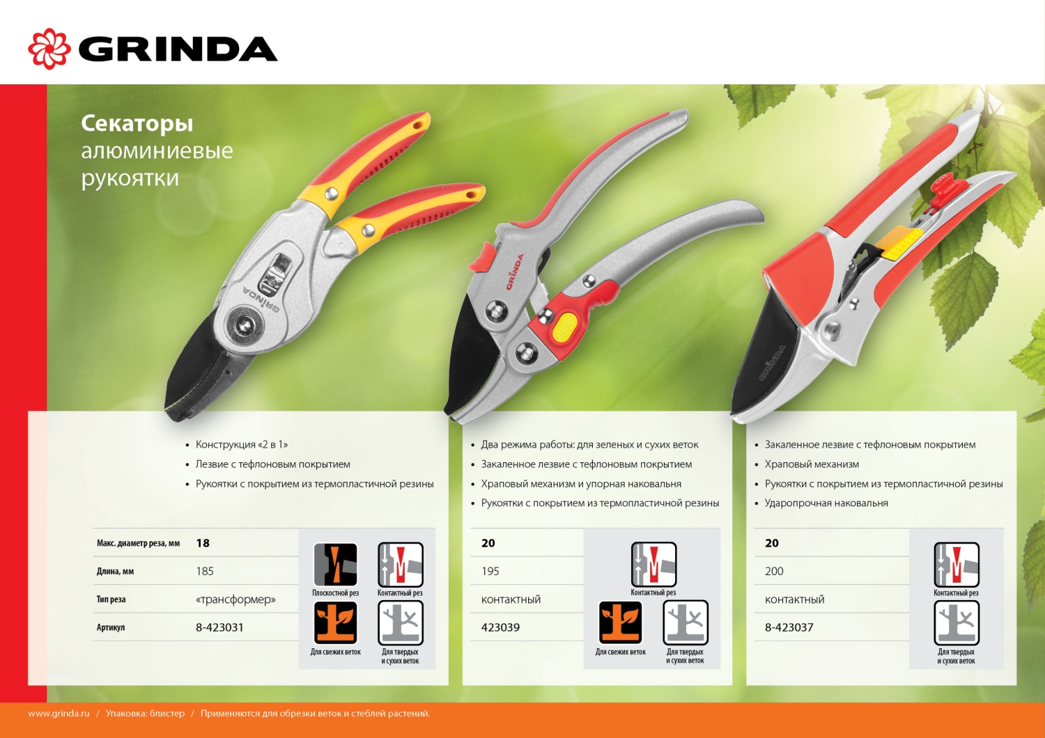 Секатор трансформер, 2 положения: плоскостной и контактный, с алюминиевыми рукоятками, 185мм, GRINDA