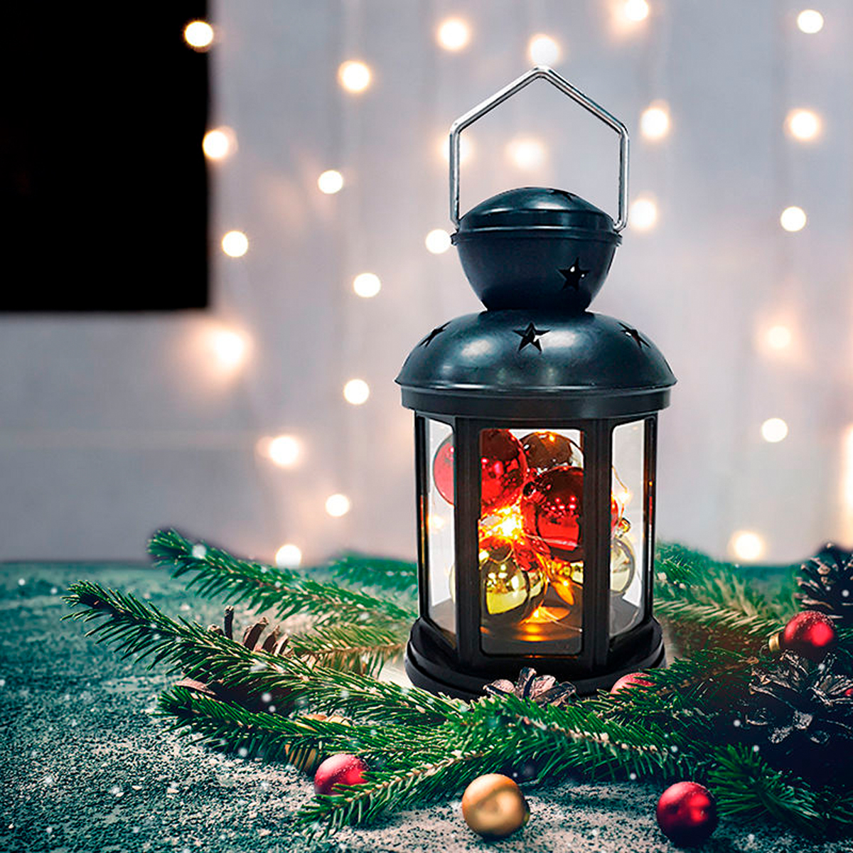 Фонарь декор. с шариками 12*12*20,6 см, черный, теплый белый свет (1/12) "neon-night" 513-061