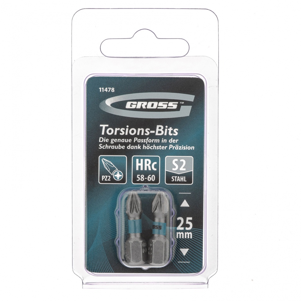 Набор бит торсионных PZ2 x 25 мм, для ударных шуруповертов, 2 шт. Gross (11478)
