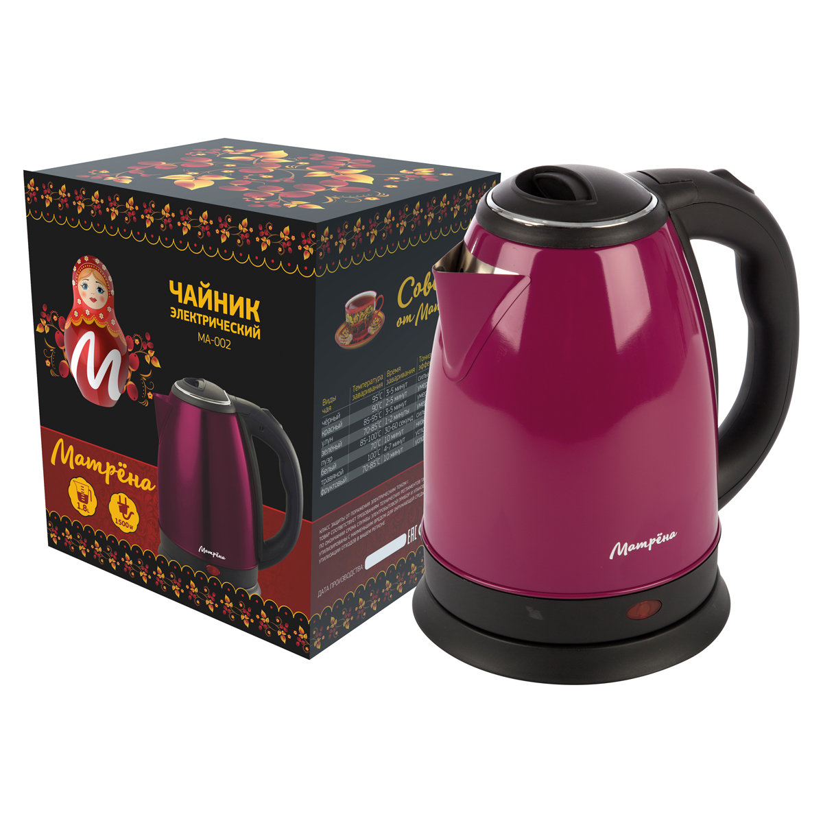 Чайник электр. "матрёна" ma-002 1,8 л (1/12) сталь (бордовый)