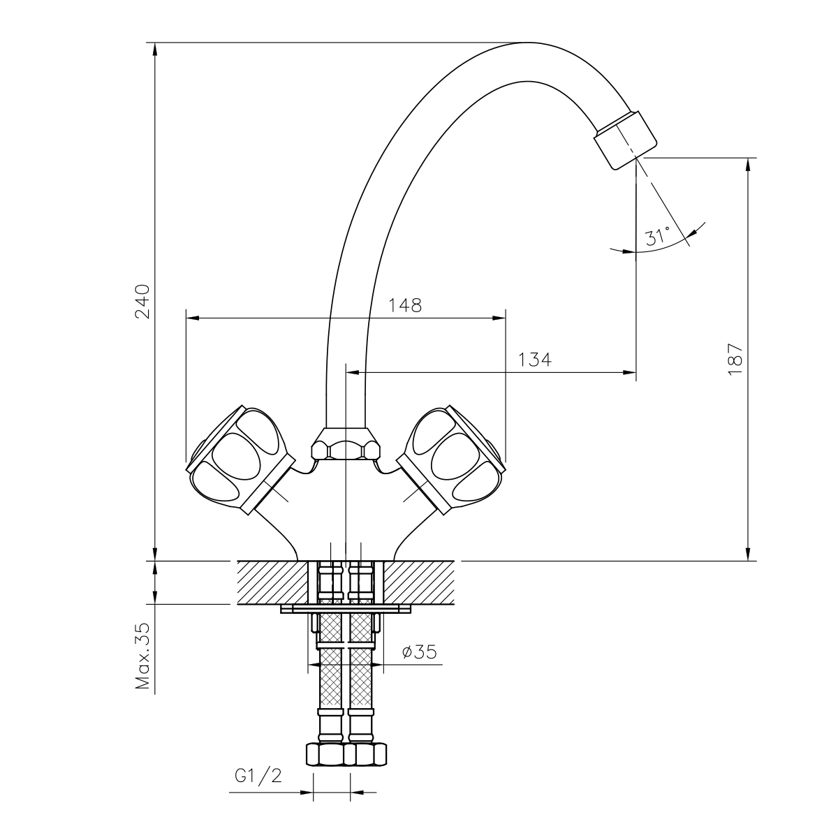 Смеситель для кухни dr50028r двухвентильный, поворотн. излив (1/12) "decoroom"