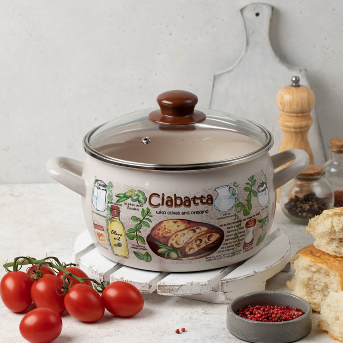 Кастрюля эмалиров. "чиабатта" 7,9 л, 24 см стекл. крышка (1/4) "metrot"