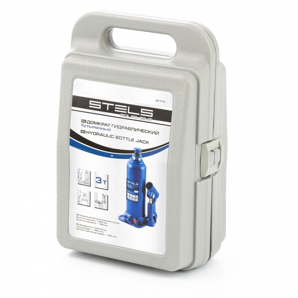 Домкрат гидравлический бутылочный, 3 т, h подъема 188-363 мм, в пластиковом кейсе Stels (51173)