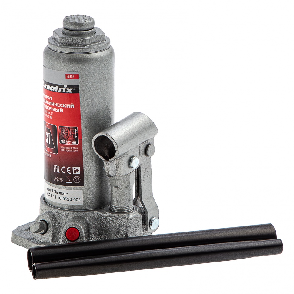 Домкрат гидравлический бутылочный, 3 т, высота подъема 194-372 мм, в пластиковый кейсе Matrix (50752)