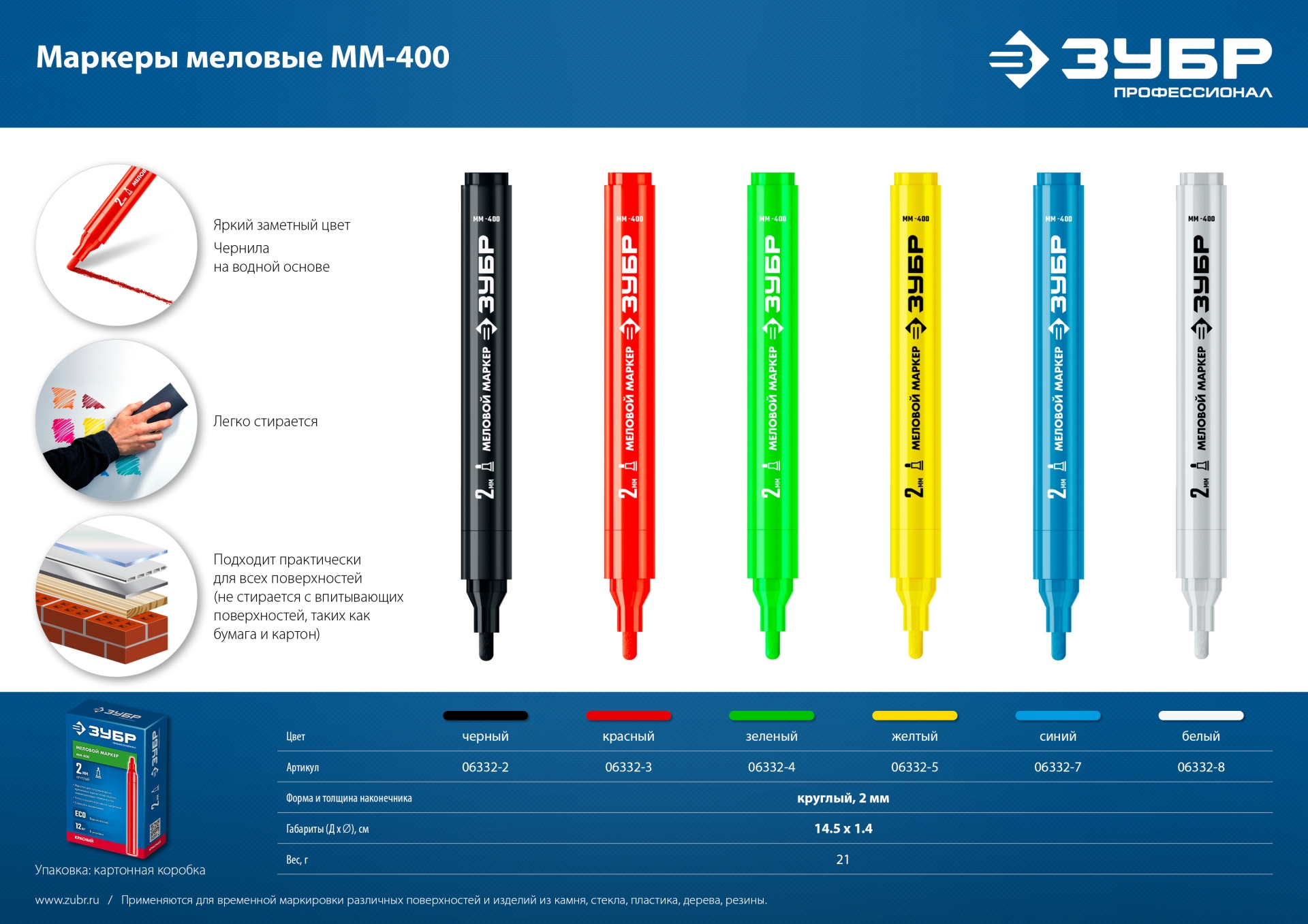 ЗУБР ММ-400, белый, 2 мм, круглый, меловой маркер, Профессионал (06332-8)