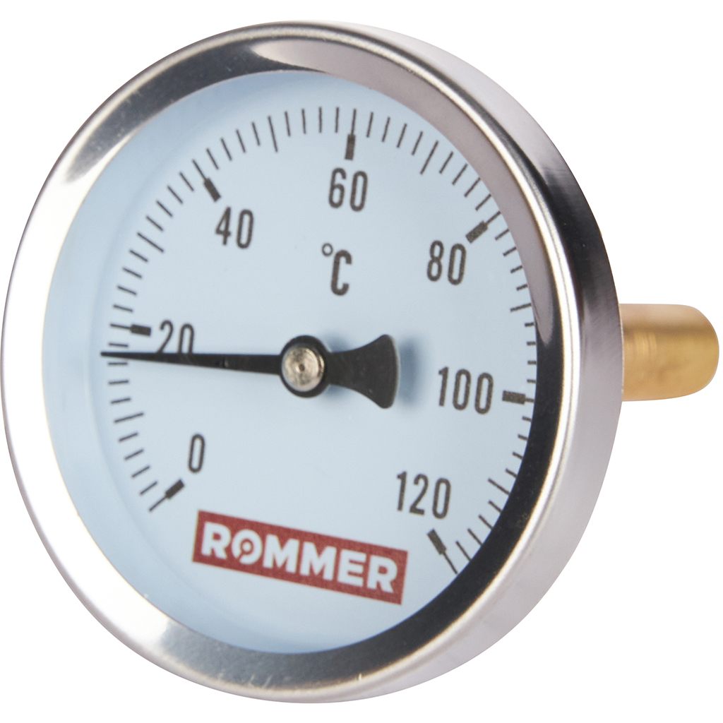 Термометр биметаллический, до 120°С, D = 63 мм, подкл. 1/2", с погружной гильзой 75 мм, ROMMER