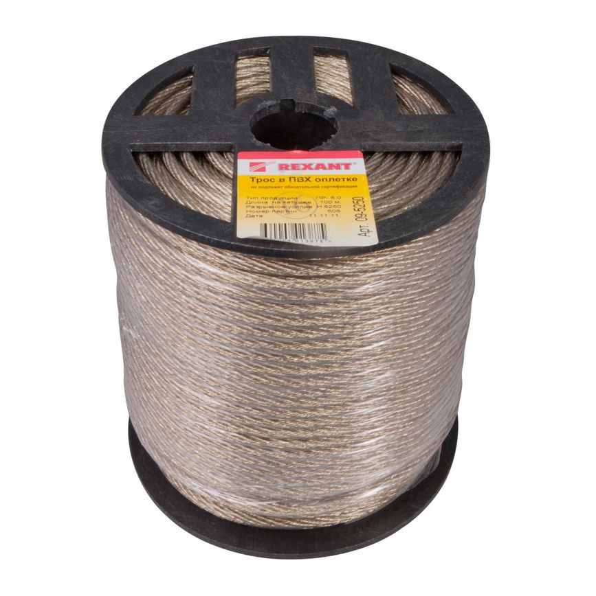 Трос стальной в пвх оплетке 5 мм х 100 м, прозрачный (1/2) "rexant" 09-5250
