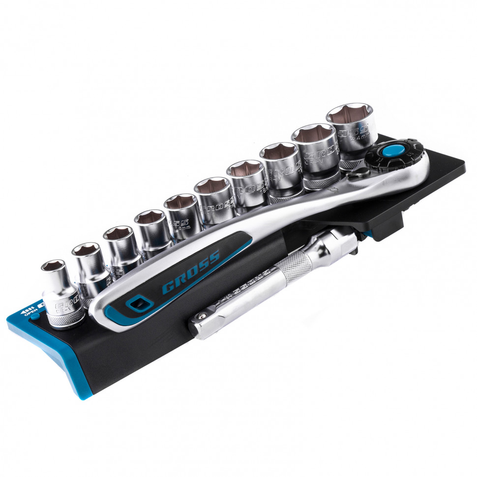 Набор торцевых головок, трещотка 120 зубьев, 12 предметов, 1/2", CrV Gross (14138)