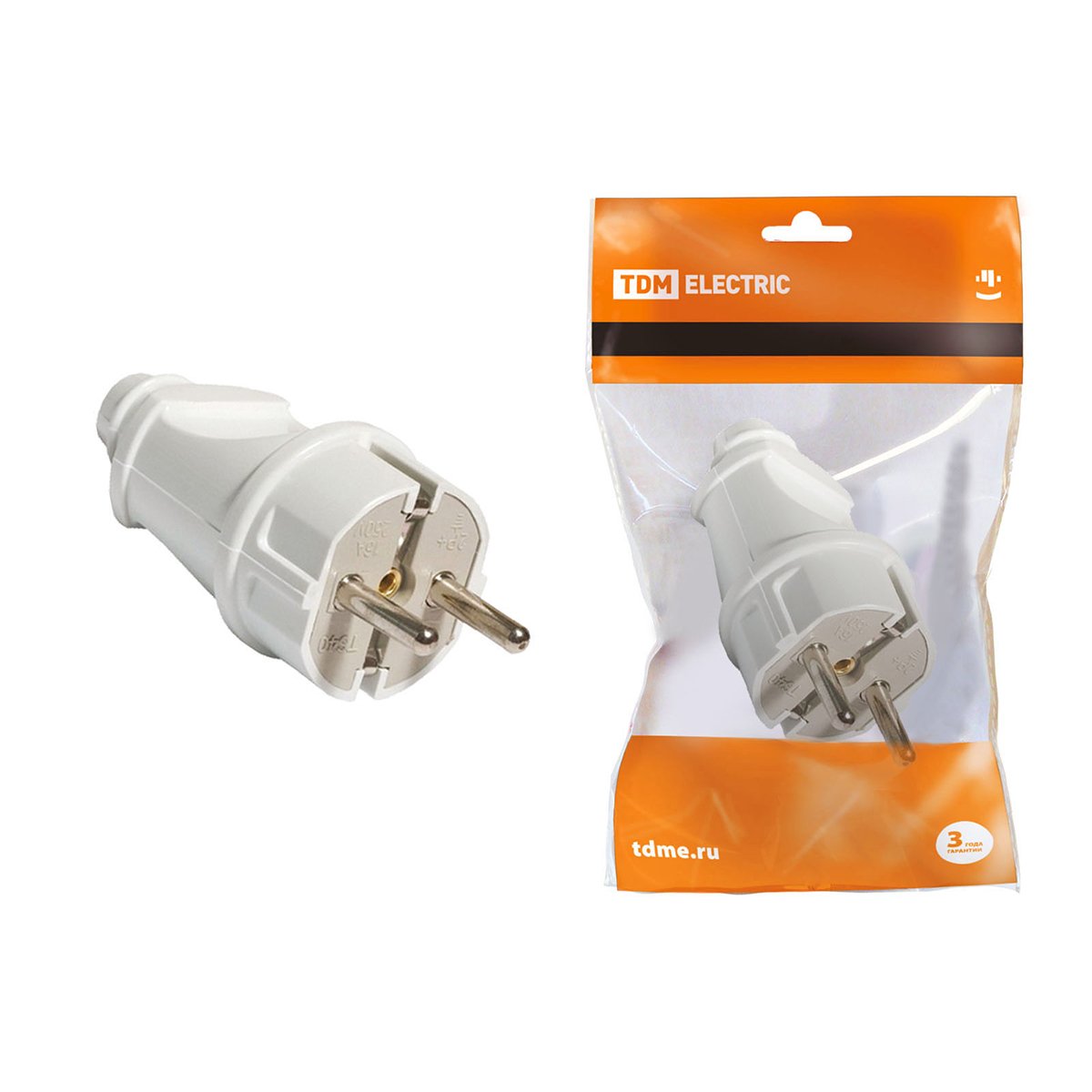 Вилка прямая с заземл. 16а 250в, белая (1/25/250) tdm sq1806-0003