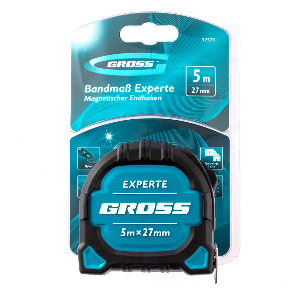 Рулетка Experte, 5 м x 27 мм, двухкомпонентный корпус, магнит, двухсторонняя разметка, нейлон Gross (32575)
