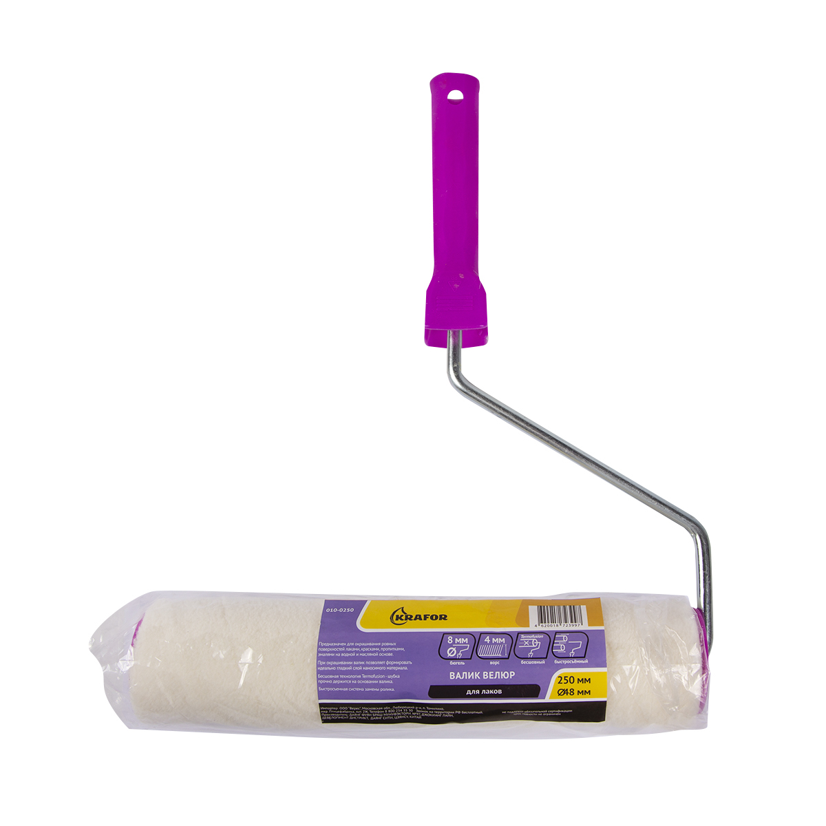 Валик велюр для лака d48/250 мм (ворс 4 мм) бюгель 8 мм (в сборе) (1/36) "krafor" 010-0250
