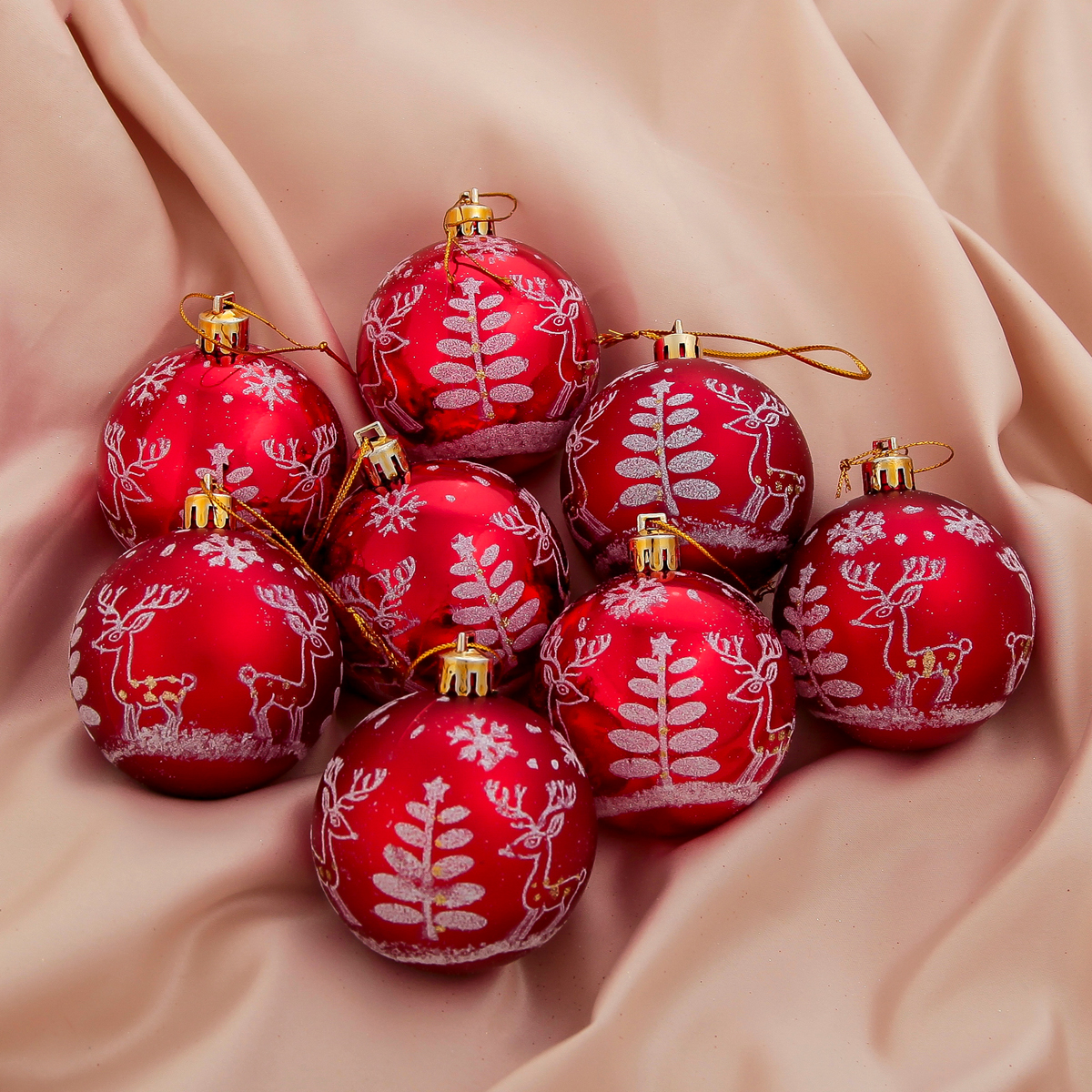 Шары новогодние d-6 см (набор 8 шт.) "олененок у елочки" красный "зимнее волшебство"1332596